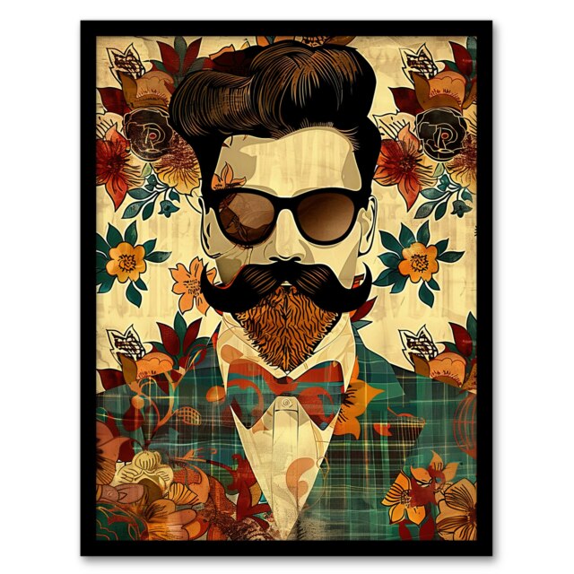 Hipster Man Portrait Flowers Moustache Man Cave Gift Black Framed Wall Art Print A4