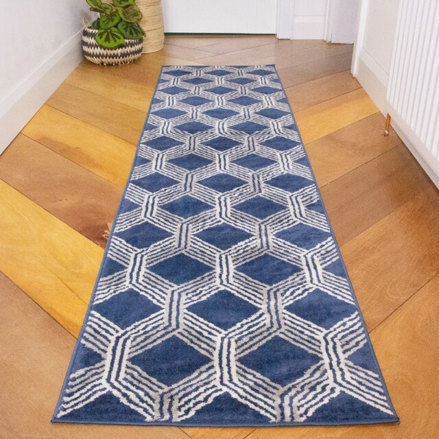 KUKOON Navy Blue Grey Modern Geometric Runner Rug 60cm x 240cm