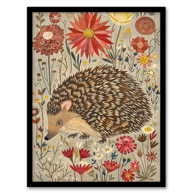 Floral Rustic Woodland Hedgehog Black Framed Wall Art Print A4