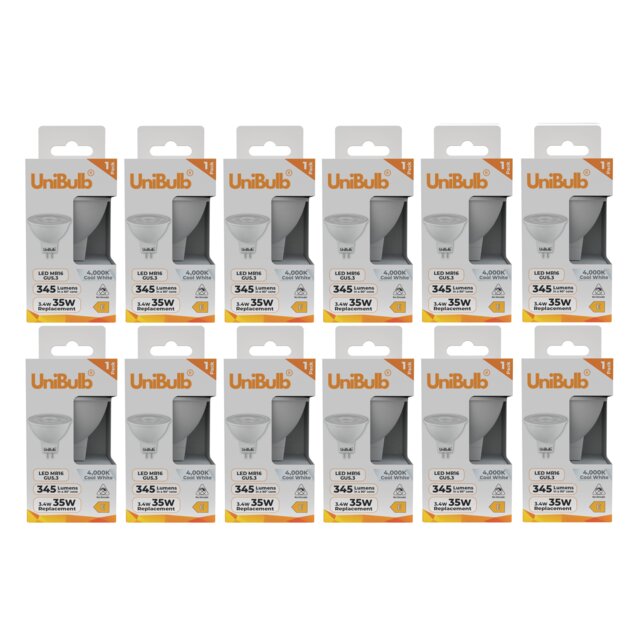 UniBulb LED MR16 GU5.3 345lm 3.4W (Replaces 35W) 4000K (Cool White) Spot Downlight Ceiling Light Bulb - Pack of 12