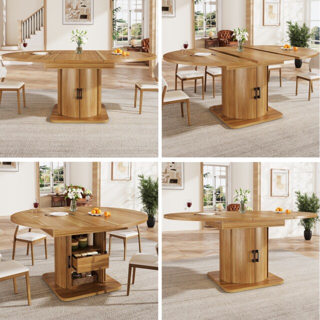 VILUXE 118-158 cm Extendable Round-to-Oval Dining Table with Storage, MDF Tabletop, Seats up to 6, Dark Brown