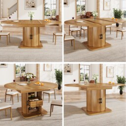 VILUXE 118-158 cm Extendable Round-to-Oval Dining Table with Storage, MDF Tabletop, Seats up to 6, Dark Brown