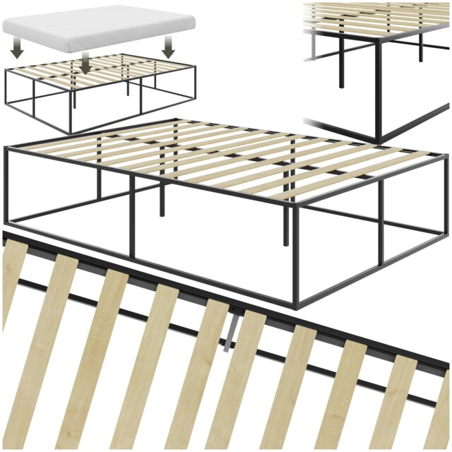 Bed Frame Kyoto - steel frame, flexible slats, storage space & 250 kg load capacity - Black, Double