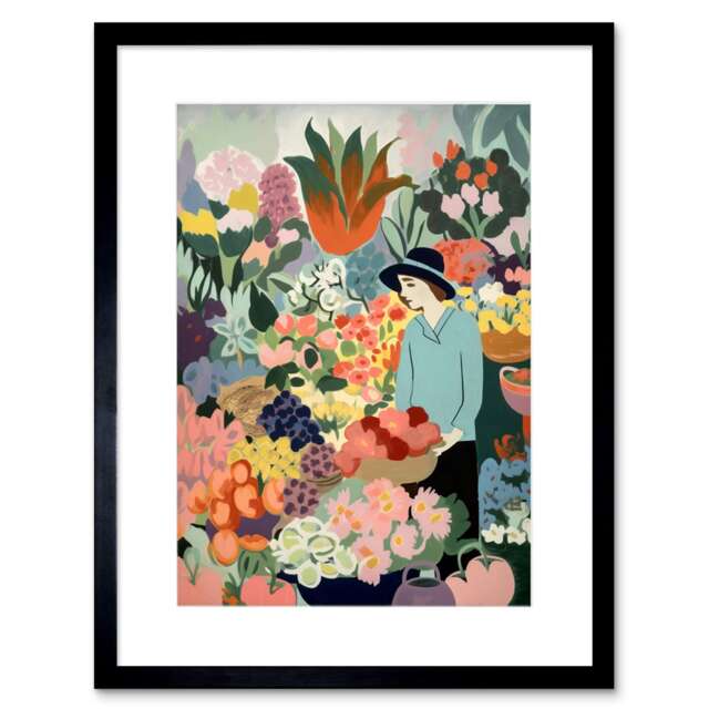 "Danish Pastel Aesthetic Flower Market Watercolour 9x7"" Black Framed Wall Art Print"