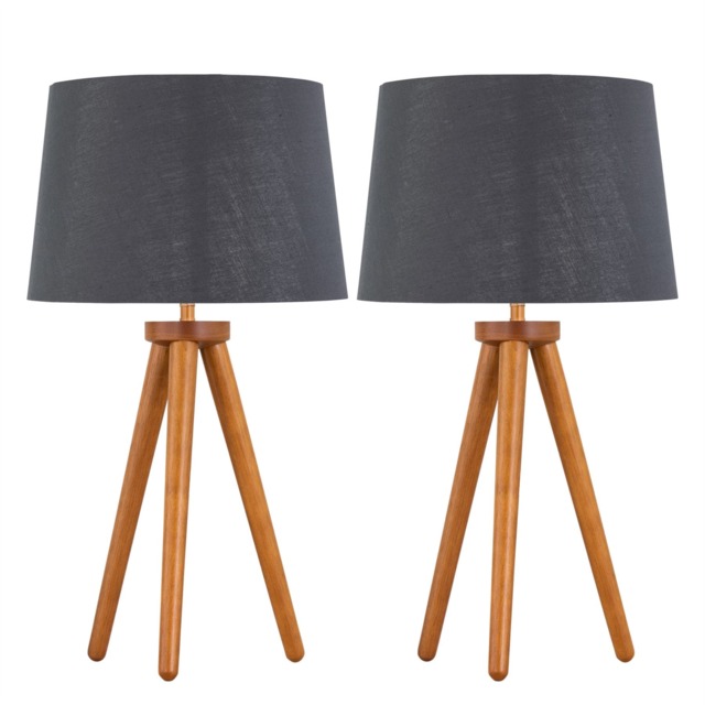 Set of 2 Dark Oak Table Lamp or Bedside Lights with Grey Silver Shades Brown Grey Large 2