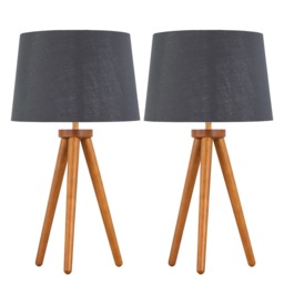 Set of 2 Dark Oak Table Lamp or Bedside Lights with Grey Silver Shades Brown Grey Large 2