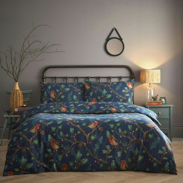 Portfolio Home Dalby Robins Holly Soft Easy Care Bed Linen Bedding Duvet Cover Quilt Set With Pillow Case Blue Single