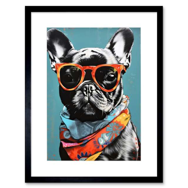 "Dog Lover French Bulldog Bandana and Sunglasses Pop 9x7"" Black Framed Wall Art Print"