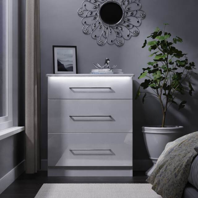 Lyon 3 Drawer Deep Chest of Drawers in White Gloss & White (Ready Assembled) White White Gloss & White