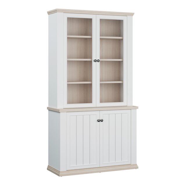 Pontypool 4 Door Display Cabinet in White and Riva Oak