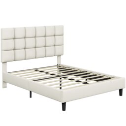 Yaheetech 150 × 200cm King Bed Frame with PU Leather Upholstered Tufted Headboard, Adjustable Height and Wooden Slat Support, Cream