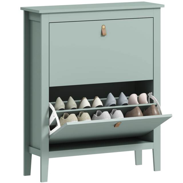 HOMCOM 2 Drawer Shoe Cabinet with Flip Doors, Narrow Shoe Storage Cabinet with Removable and Adjustable Shelves, 14 Pairs Footwear Cupboard for Hallway, Entryway, 80 x 24 x 95.5 cm, Green Green 1