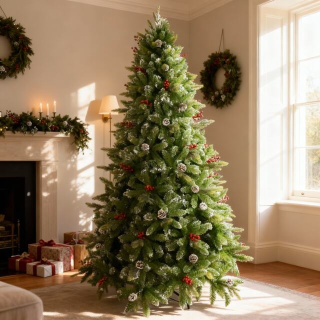 5Ft Stockholm Pine Artificial Designer Christmas Tree Berries & Frosted Cones Mixed Green Green