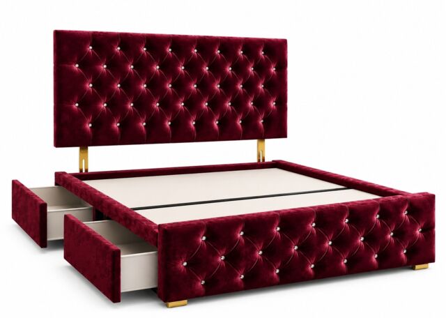 Brooklyn Divan Bed with Upholstered Headboard & Footboard Base - Small Double Maroon Plush 2 Drawers Storage Left Side in Bed