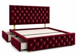 Brooklyn Divan Bed with Upholstered Headboard & Footboard Base - Small Double Maroon Plush 2 Drawers Storage Left Side in Bed