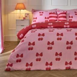 OHS Cherry Bow Bedding Set Microfibre Reversible Duvet Cover with Pillowcase Pink Pink/Red Single