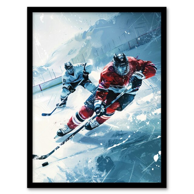 Ice Hockey Players Game Oil Winter Man Cave Black Framed Wall Art Print A4
