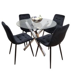 Round Chrome Metal and Clear Glass Dining Table and 4 Black Tufted Velvet Chairs Kitchen Dining Set