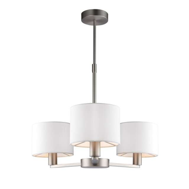 Daley 3 Light Multi Arm Ceiling Pendant Matt Nickel, Triple Shade Vintage White Silk Effect, E14