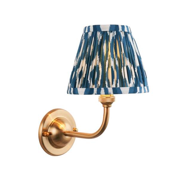 Dome Arc Brushed Aged Brass Plate Wall Light with Marlin Blue Fabric Ikat Shade 16cm B22