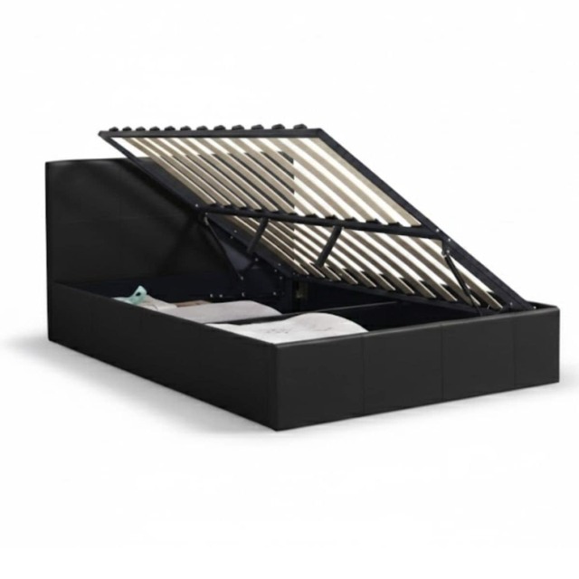 Ottoman Bed Gas Lift Storage Leather Black 4ft6 Double Pine Wood Bedroom