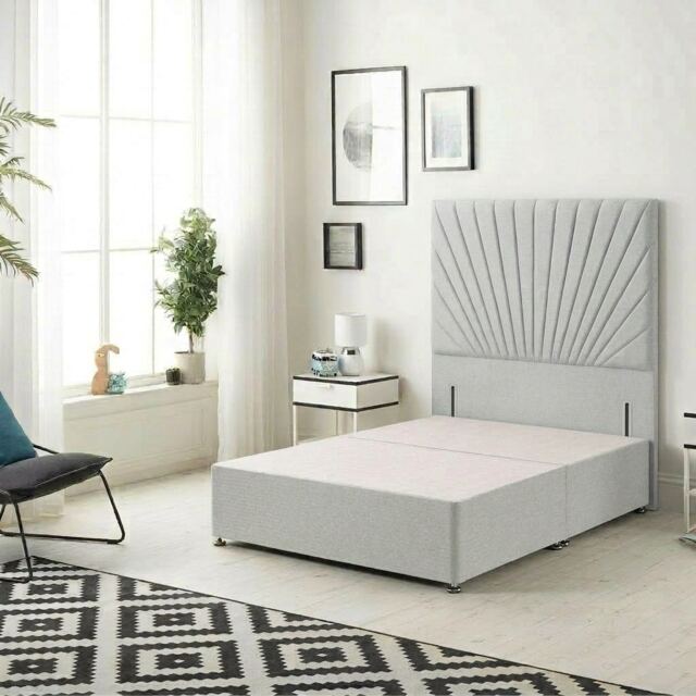 Sunburst Divan Bed with 54'' Floor Standing Headboard Linen Fabric Grey Sage
