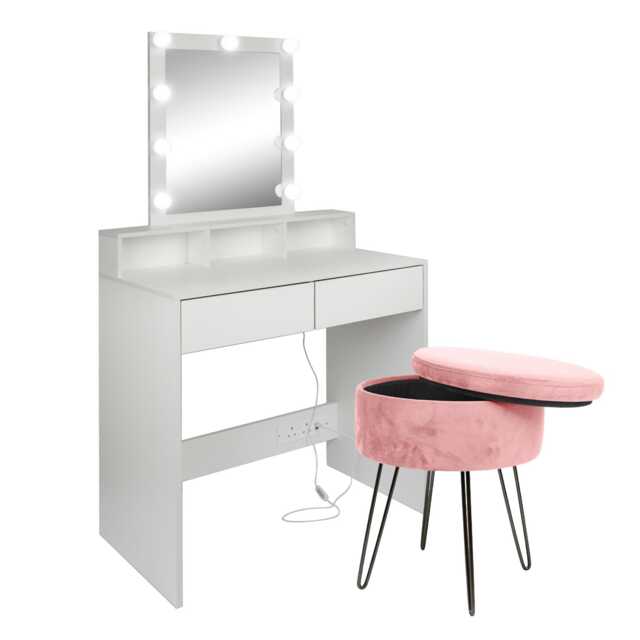 Harbour Housewares Wooden Dressing Table Set with LED Lights & Pink Stool - White White White/Pink