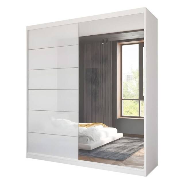 Sliding Wardrobes 4u High Gloss Sliding Door Wardrobe with Full Mirror - 150cm 180cm and 203cm White White 200cm