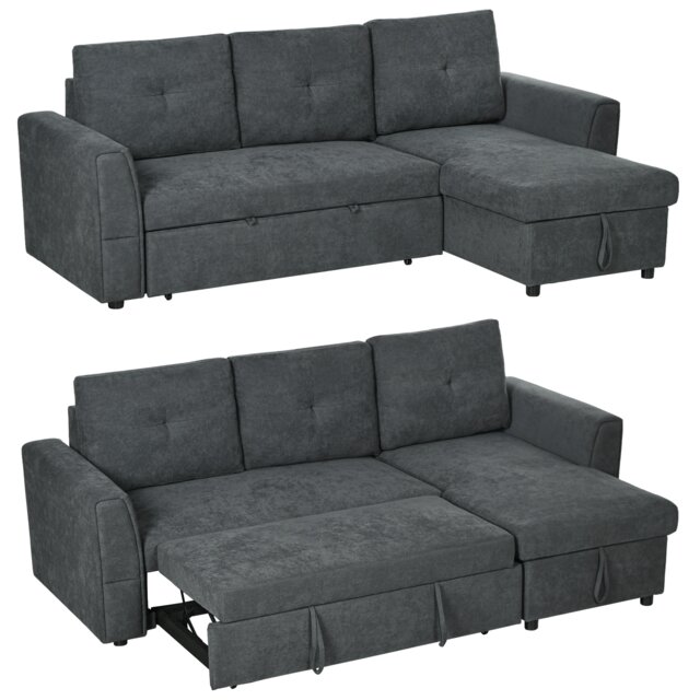 HOMCOM 3 Seater Sofa Bed, L Shaped Pull Out Sofa Bed with Storage, Convertible Click Clack Settee Sectional Sleeper Futon for Living Room, Office, Dark Grey