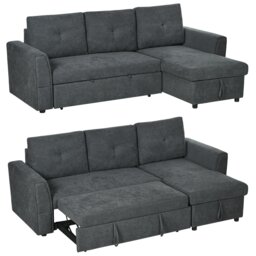 HOMCOM 3 Seater Sofa Bed, L Shaped Pull Out Sofa Bed with Storage, Convertible Click Clack Settee Sectional Sleeper Futon for Living Room, Office, Dark Grey