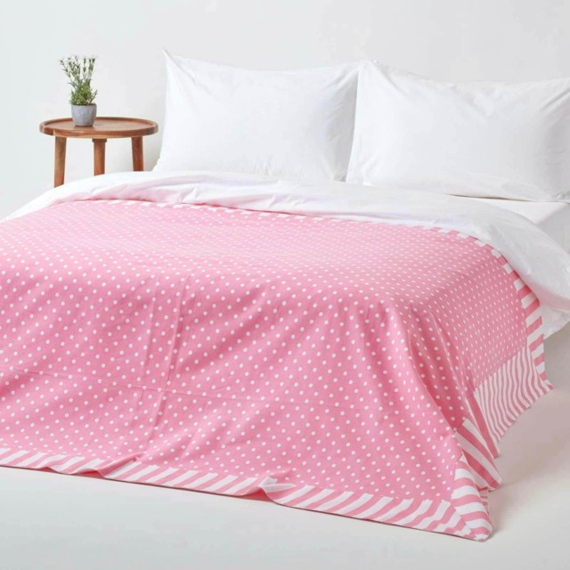 Homescapes Cotton Pink Polka Dots and Stripes Sofa Throw - 150 x 200 cm Pink 1