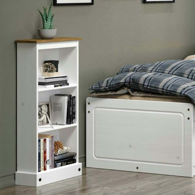 Premium Corona 3-Shelf Low Narrow Bookcase - Solid Pine Construction with Wax Finish and Antique Wax Top White White Wax One Size 1