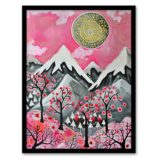 Folk Art Mountain Range Sunset Cherry Home Decor Black Framed Wall Art Print A4