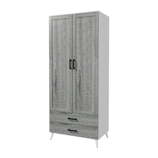 DEVON Wardrobe 2 Door 2 Drawer Modern Bedroom Clothes Storage Hanging Rail 180cm White White Ash Grey 1