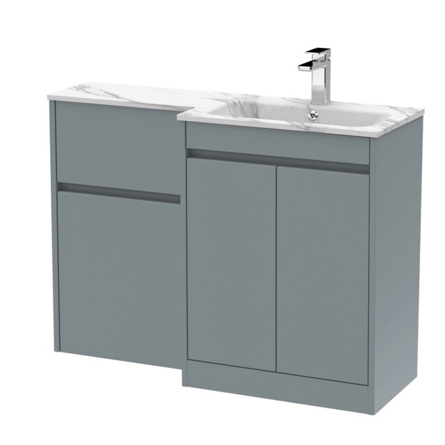 Balterley Chartley Contemporary Floor Standing 2 Door Vanity Basin WC Combination Unit, Carrera Marble Stone Basin, Right Hand, 1100mm, Coastal Grey