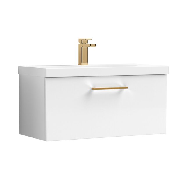 Balterley Wall Hung Bathroom 1 Drawer Vanity Unit and 1 Tap Hole Ceramic Basin, with Handle White Gloss White