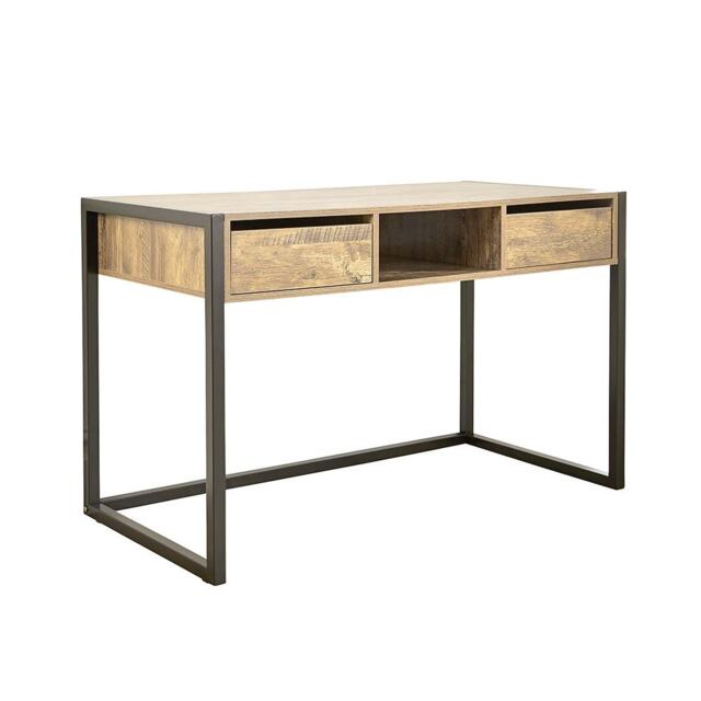 Office Desk Concrete Effect Workstation 2 Drawer Shelf Storage Black Metal Legs Brown