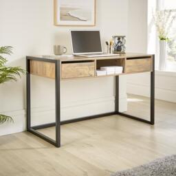 Office Desk Concrete Effect Workstation 2 Drawer Shelf Storage Black Metal Legs Brown