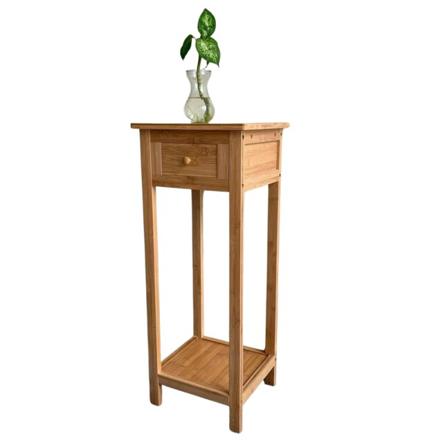 2 Tier Tall Wooden Side Table With Drawer Natural Brown Brown