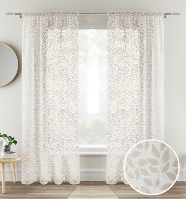 Pair of Willow Natural Leaf Print on Linen Look Panels, with Rod Pocket Header 137 CM