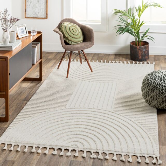 LIVABLISS Nora-Geometric High Pile Fringe Rug 200 x 275 cm Grey Ivory