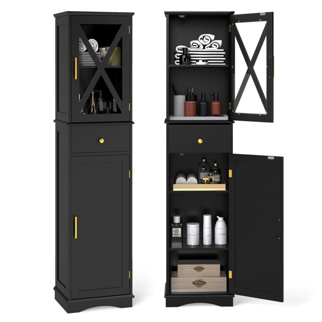 COSTWAY Freestanding Narrow Storage Cupboard Bathroom Cabinet-Black