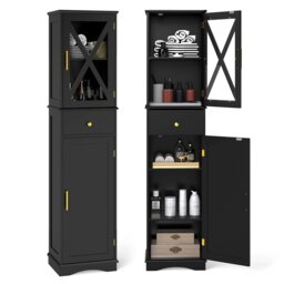 COSTWAY Freestanding Narrow Storage Cupboard Bathroom Cabinet-Black