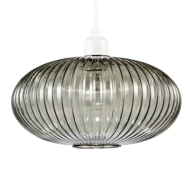 Modern Designer Smoked Grey Line Ribbed Glass Oval Pendant Lamp Shade
