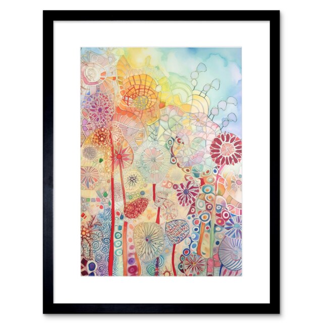 "Lace Pattern Flowers Folk Art Watercolour 9x7"" Black Framed Wall Art Print"
