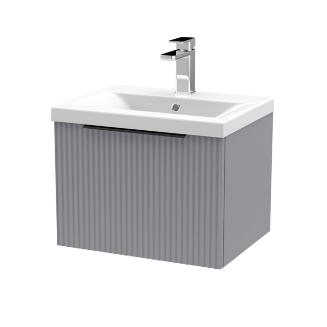Balterley Fluted Front Wall Hung Single Drawer Bathroom Vanity Unit with 1 Tap Hole Basin - Handles Grey Satin Grey