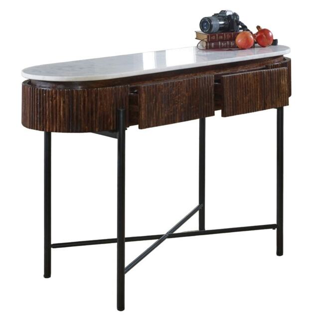 Miel Mango Wood Console Table With Marble Top And Metal Legs Brown