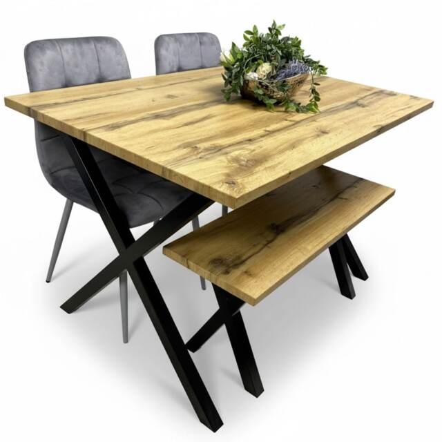 Brown Wooden Dining Table with 2 Grey Velvet Chairs and Bench - Dining Kitchen Room Furniture