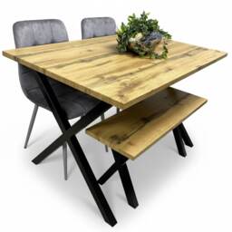 Brown Wooden Dining Table with 2 Grey Velvet Chairs and Bench - Dining Kitchen Room Furniture