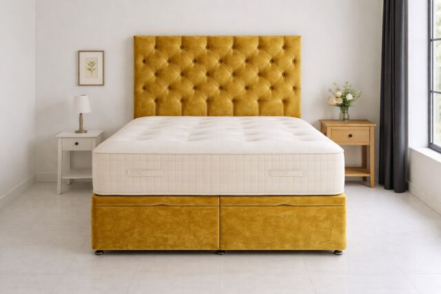 Under Bed Storage Crush Velvet Gold 4ft6 Double Set Mattress and Headboard